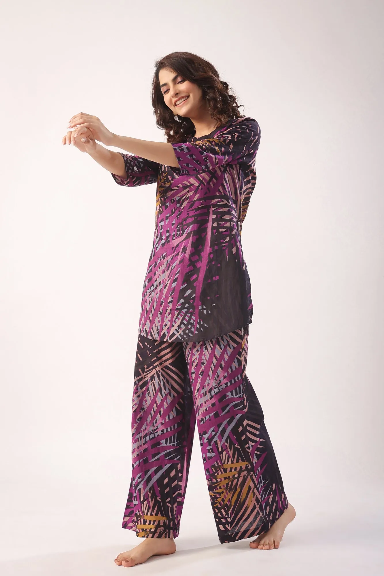 Palm Leaves on Black Cotton Palazzo Loungewear Set