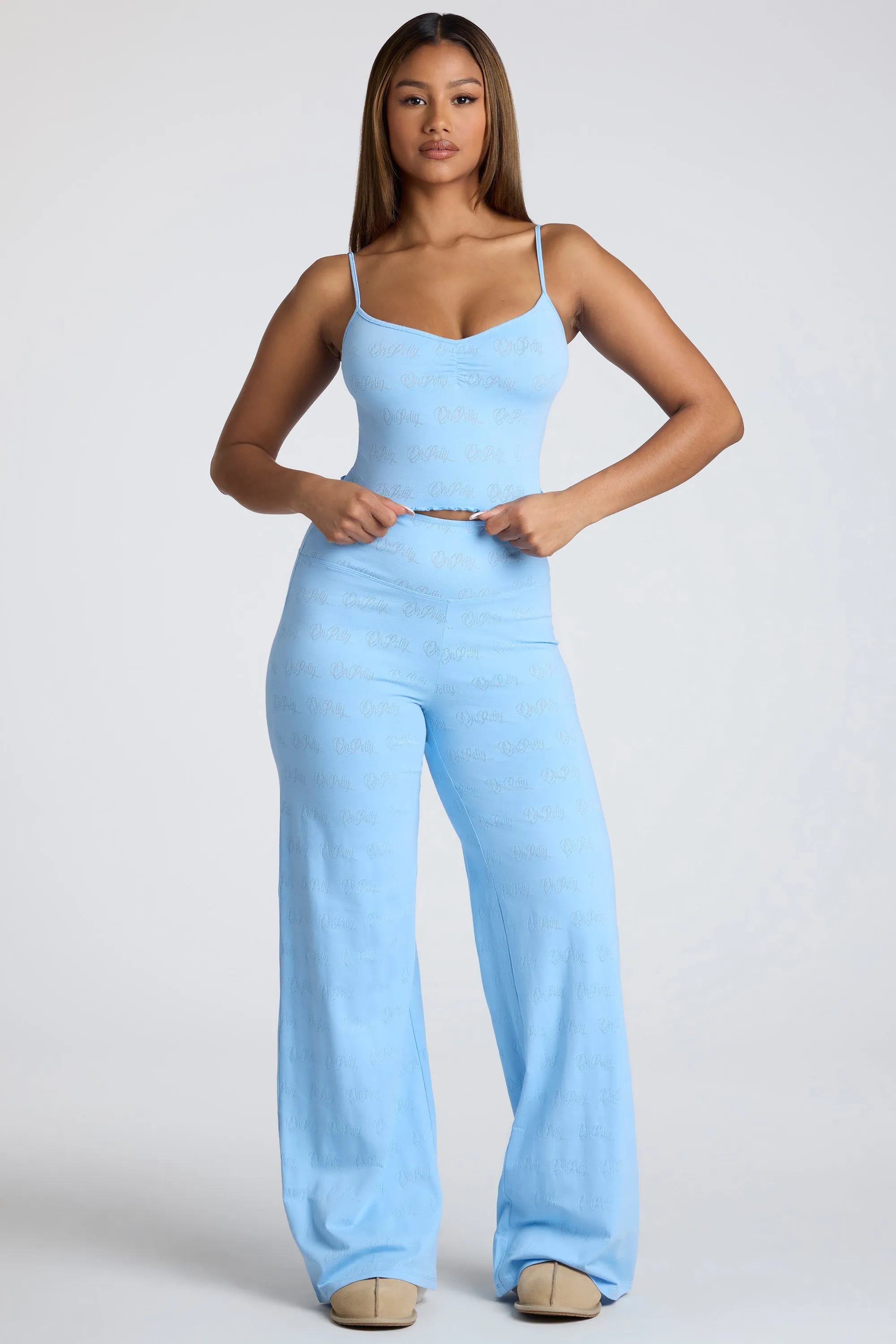 Petite Mid Rise Straight Leg Pointelle Trousers in Baby Blue