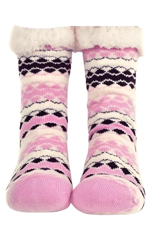 Pink and Brown Winter Pattern Sherpa Socks