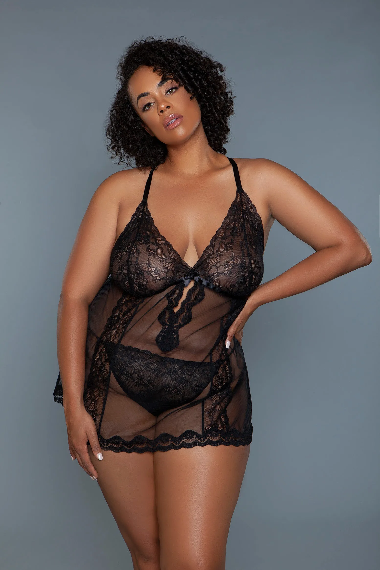 Queen Size Bridgette Lace/Mesh Babydoll Set