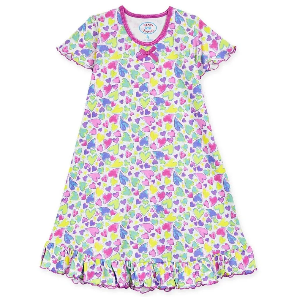 Sara's Prints Girls Colorful Hearts Short Sleeve Nightgown