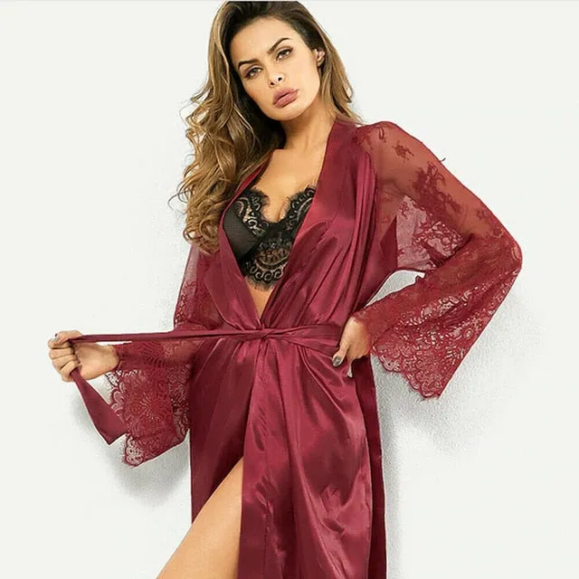 Sipping Hot Cocoa Long Silk & Lace Robe