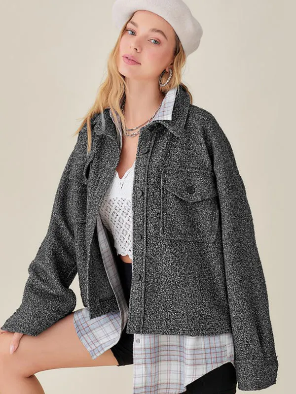 Textured Design Jacket with Front Pockets - Charcoal