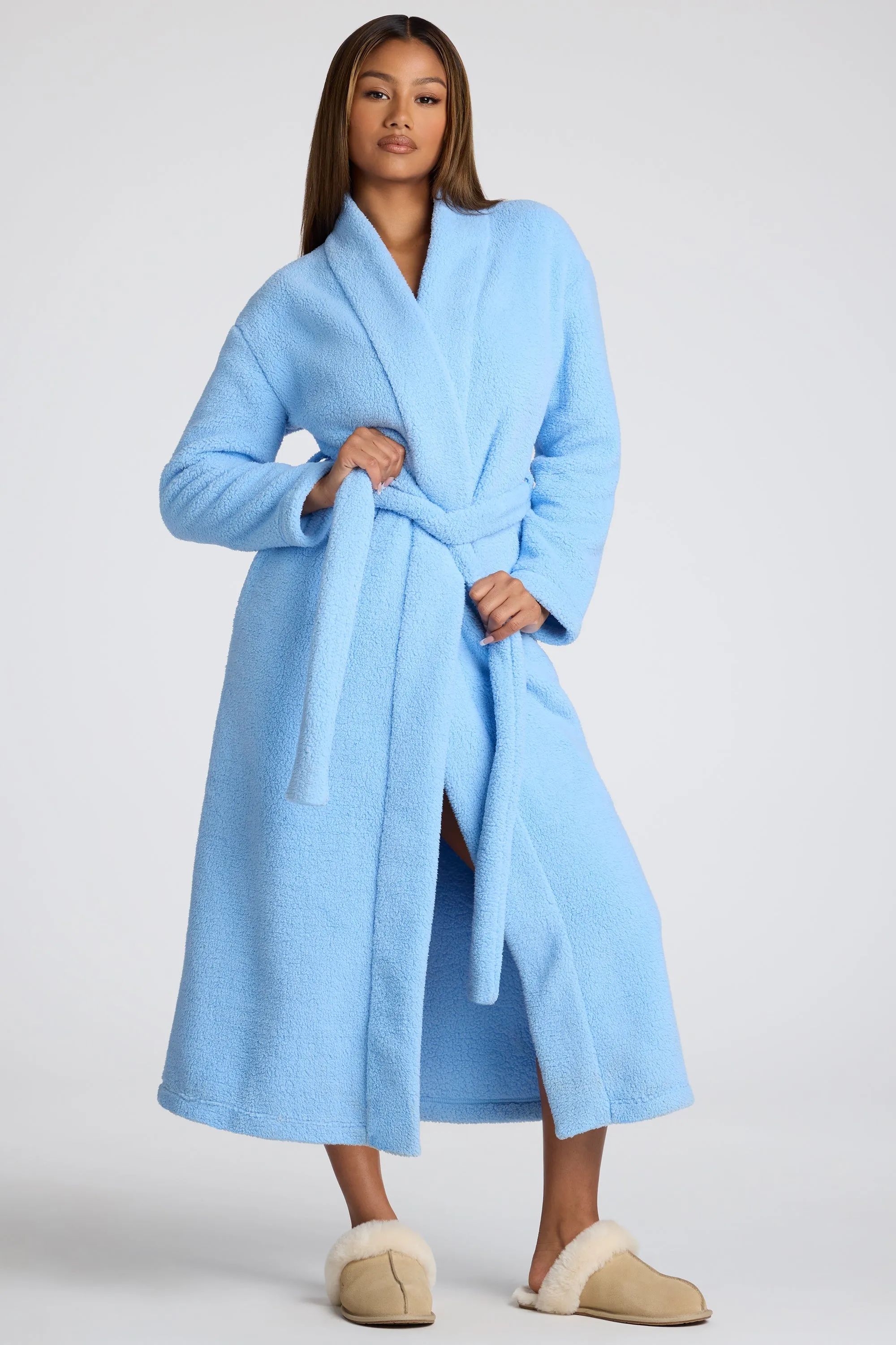 Tie Front Fleece Robe in Baby Blue