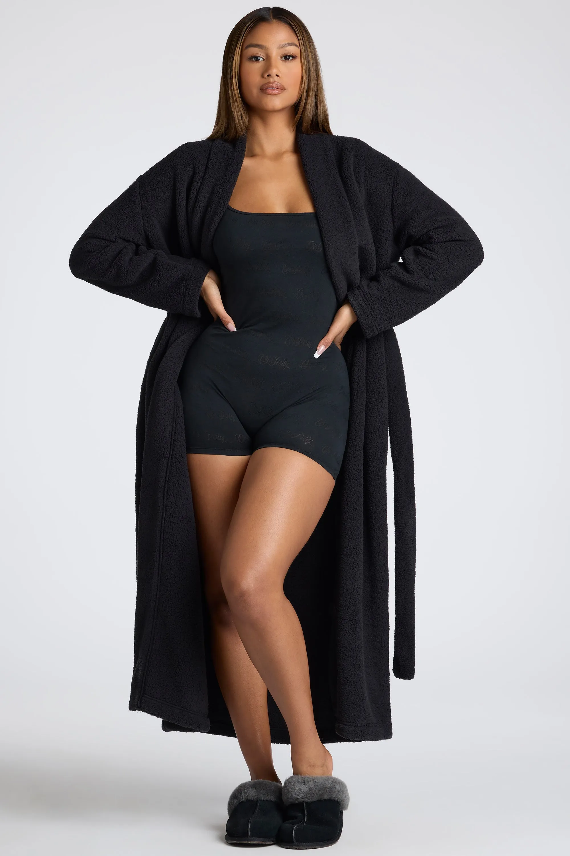 Tie Front Fleece Robe in Black