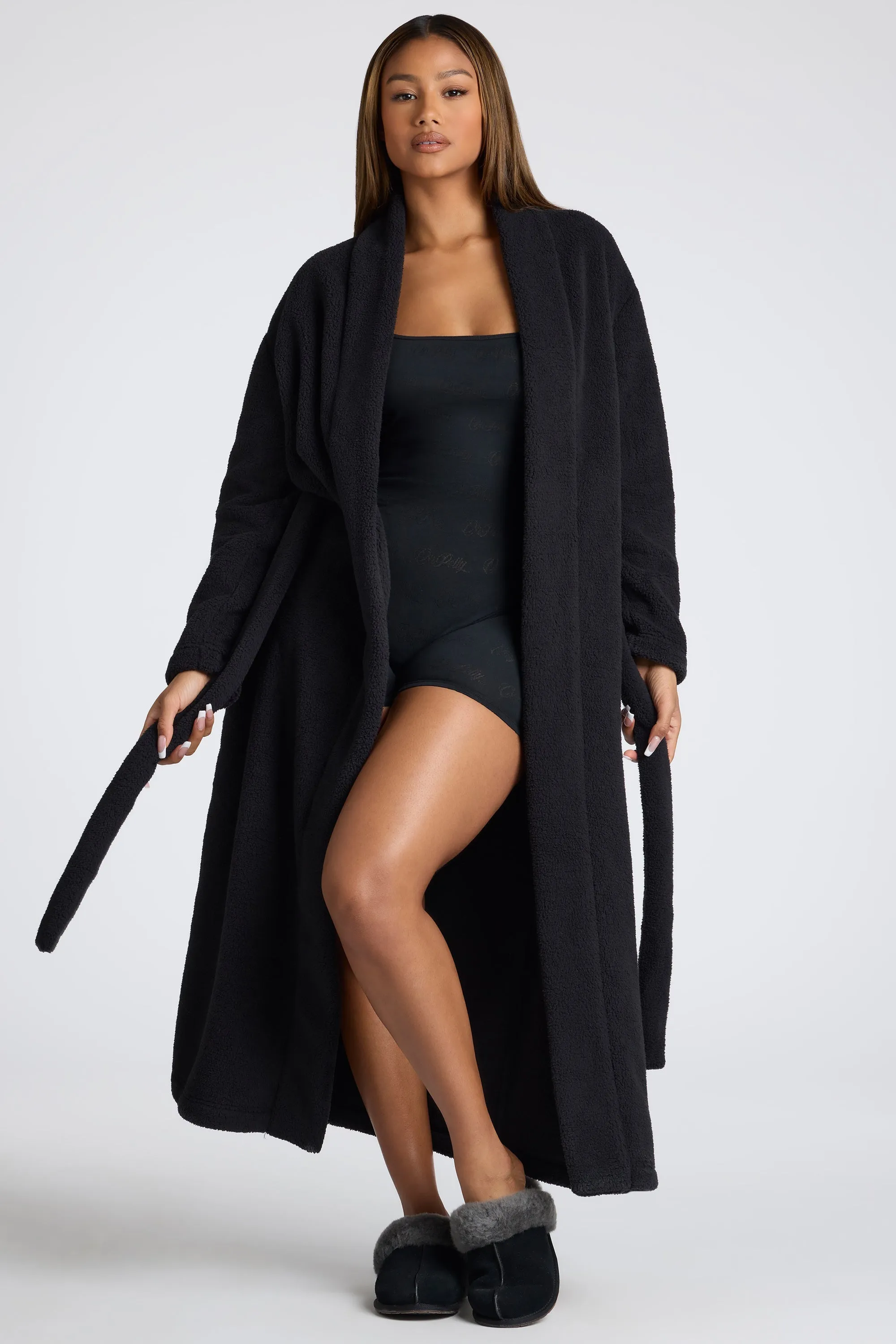 Tie Front Fleece Robe in Black