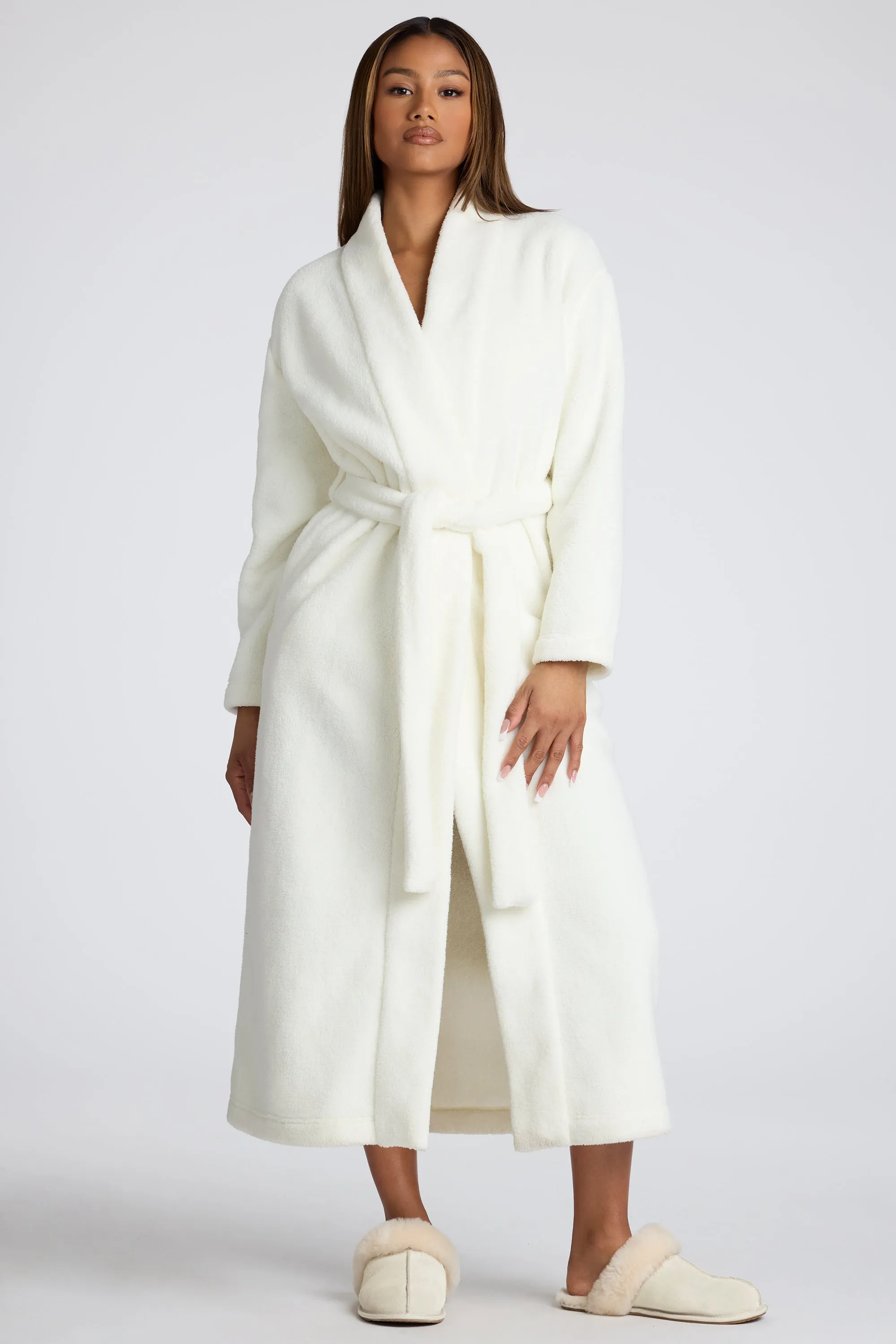 Tie Front Fleece Robe in White