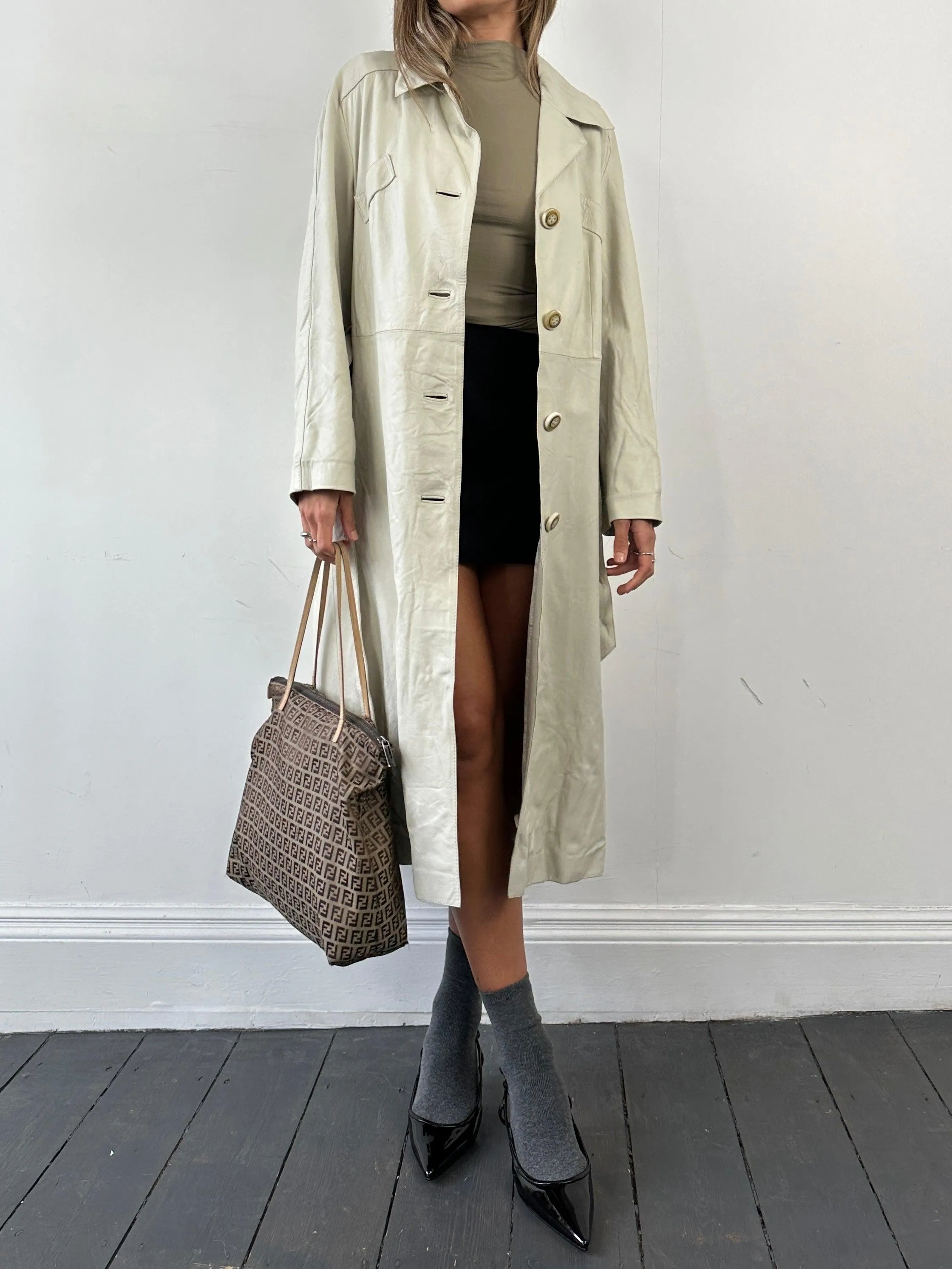 Vintage Belted Leather Trench Coat - M