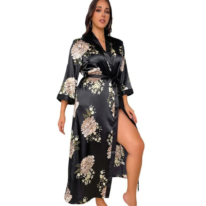 Women Floral Print Silk Robe Sexy Deep V Neck Luxury Silk Nightwear