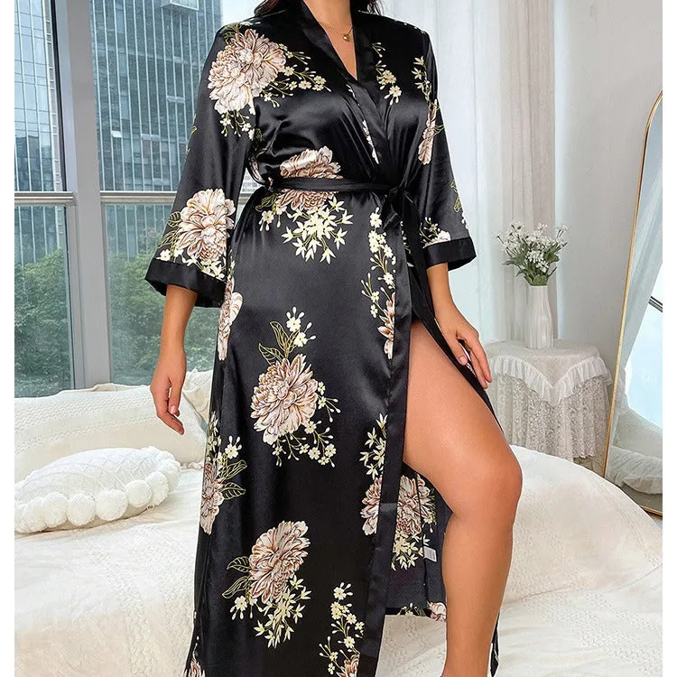 Women Floral Print Silk Robe Sexy Deep V Neck Luxury Silk Nightwear