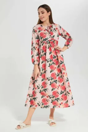 Women Pink Floral Long Sleeved Nightgown