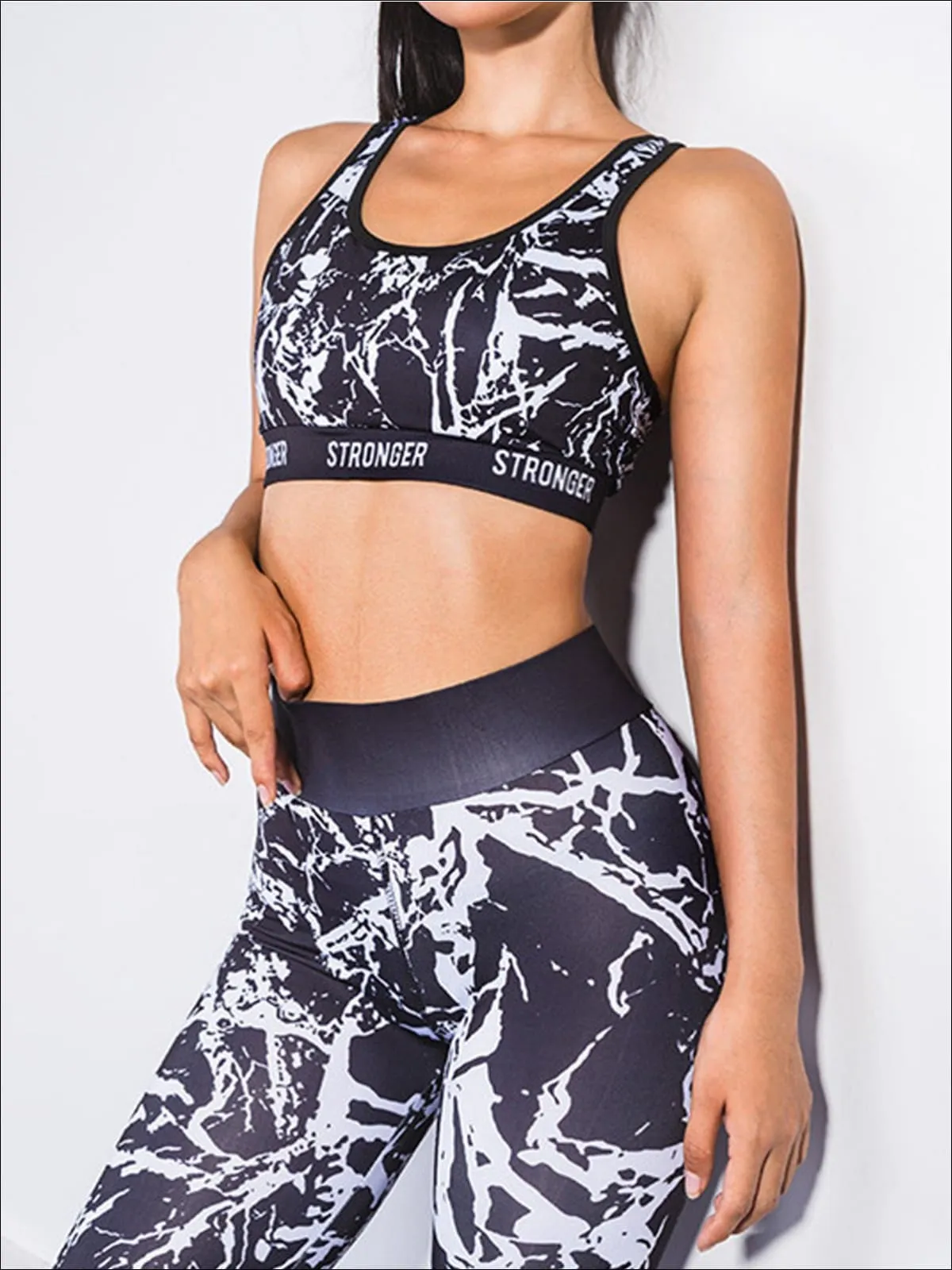 Women's Marble Print Banded Sports Bra And Matching Legging Set