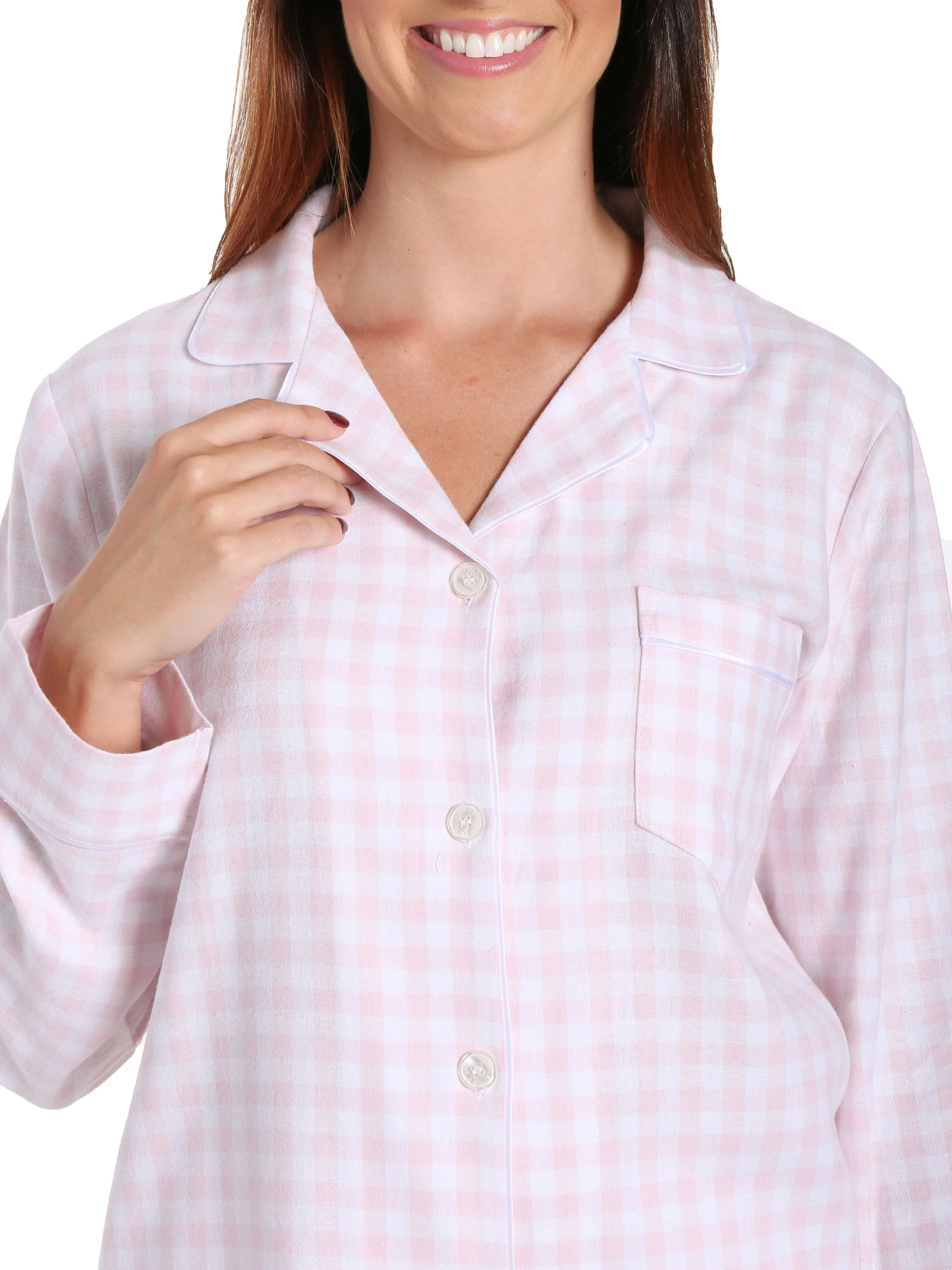 Womens Premium 100% Cotton Yarn Dyed Flannel Pajama Sleepwear Set - Gingham Pink-White